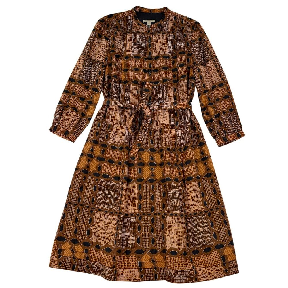 Burberry Brit Cotton Silk Shirt Dress Belted Brown Orange Geometric Print US10